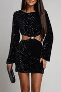 Hollow Out Long Sleeve Slim High Waist Mini Dress