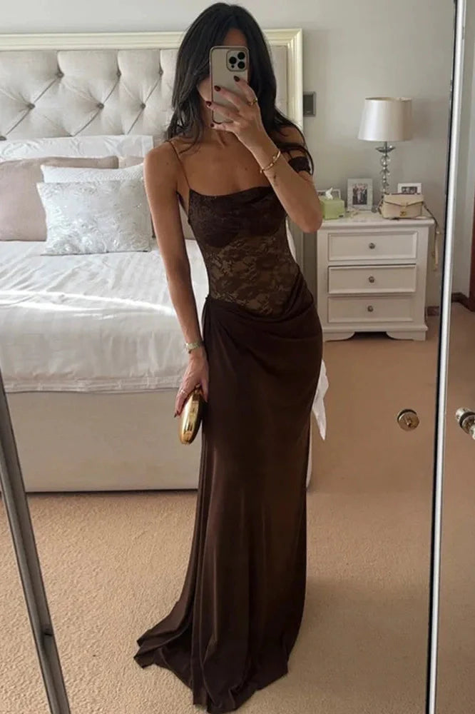 Off-Shoulder Lace See Through Sleeveless Backless Maxi Dress