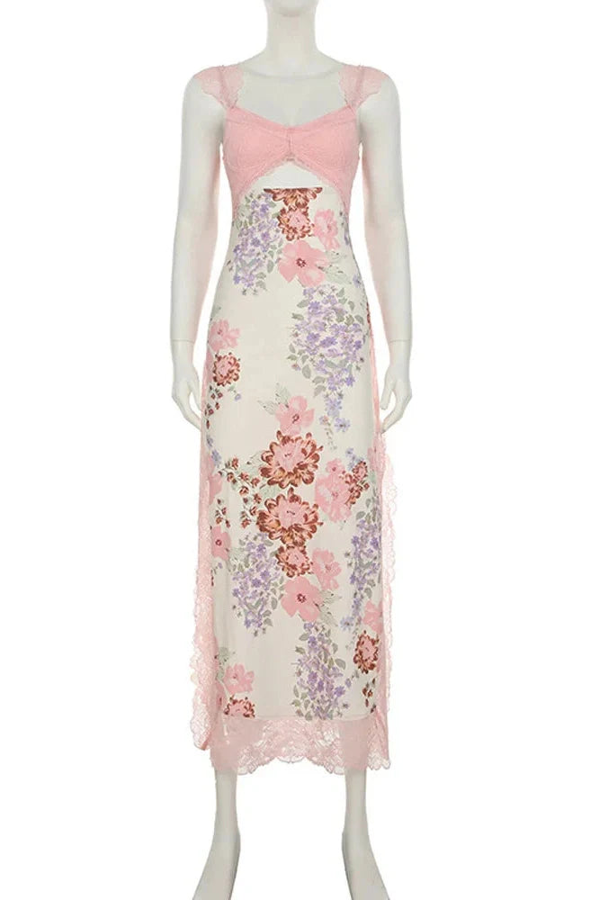 Hollow Out Printed Lace Patchwork Slim Maxi Dress