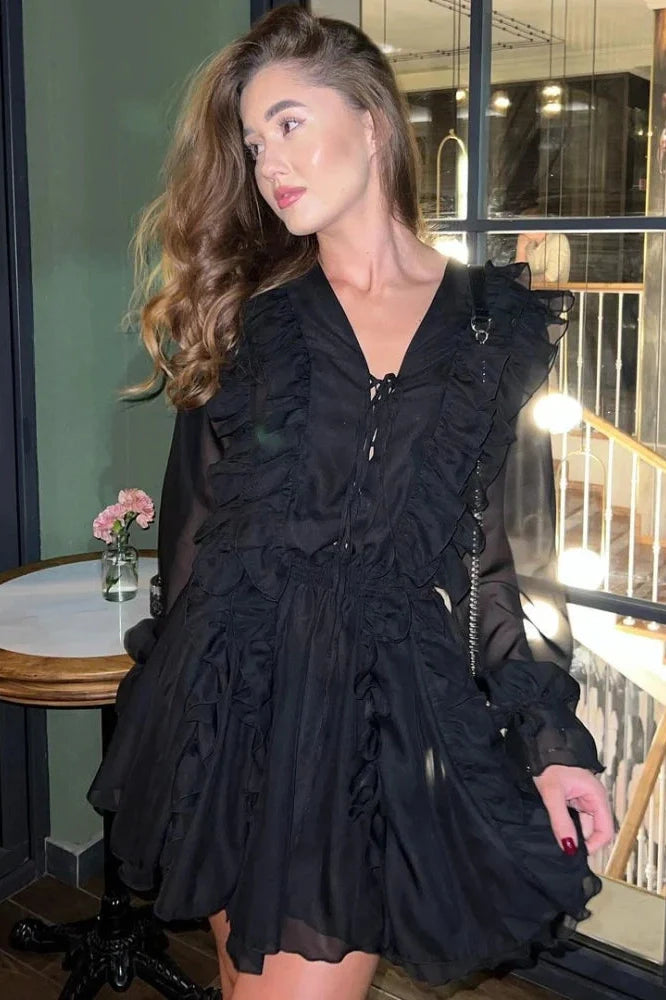 Elegant Lace Deep V Neck Mini Dress