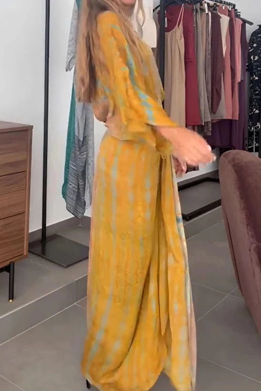 Sleeves Loose Printed Tie-Up V-Neck High Waist Pleated Maxi Dress