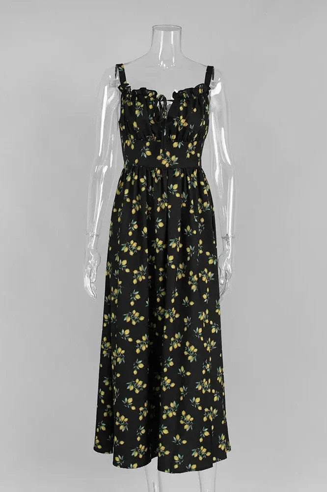 V-Neck Printed Lace-Up Sleeveless Bodycon Maxi Dress