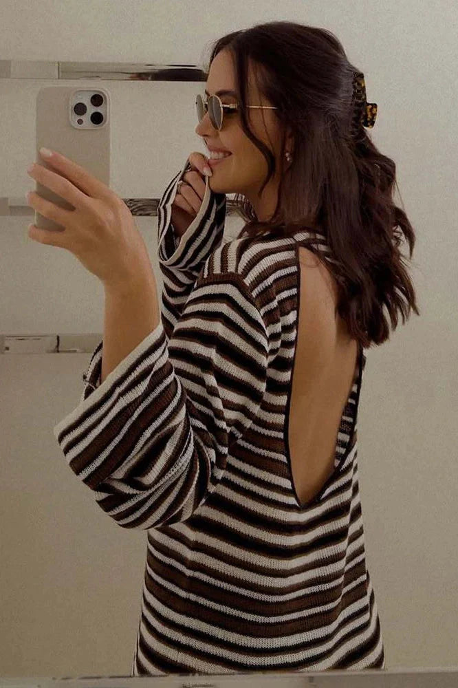 Stripe Knitted Backless Loose Long Sleeve Mini Dress