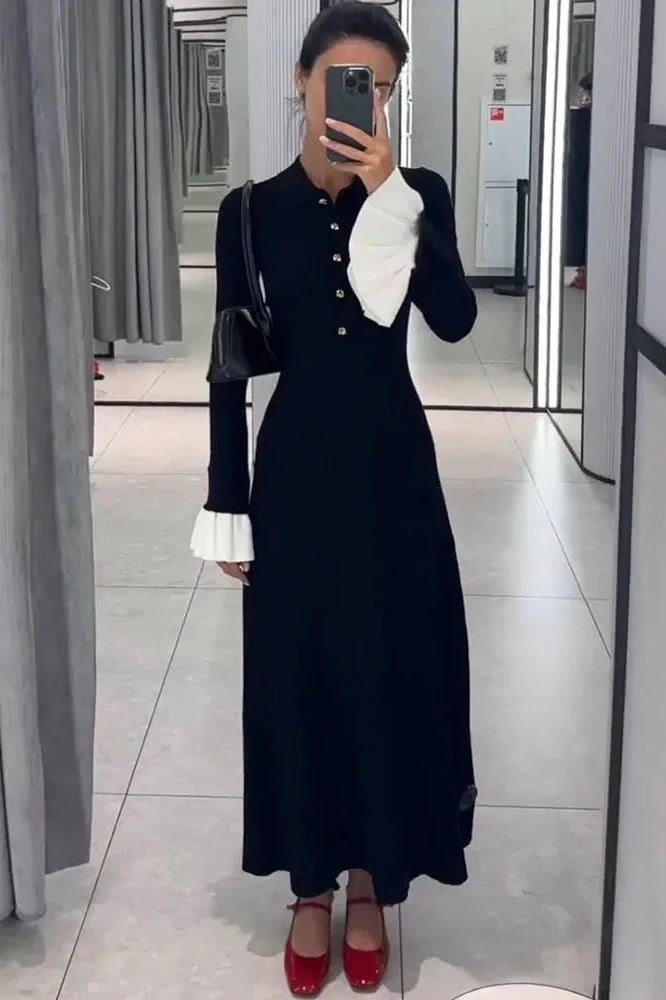 Elegant Flare Sleeve Knitted High Waist Button Maxi Dress
