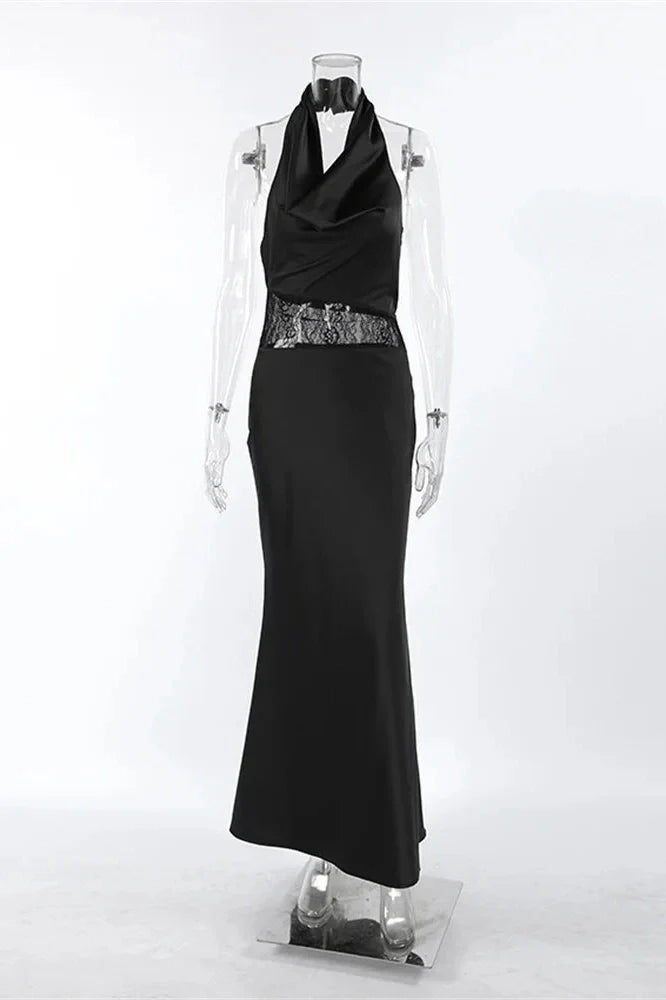 Lace See-Through V-Neck High Waist Slim Maxi Dress