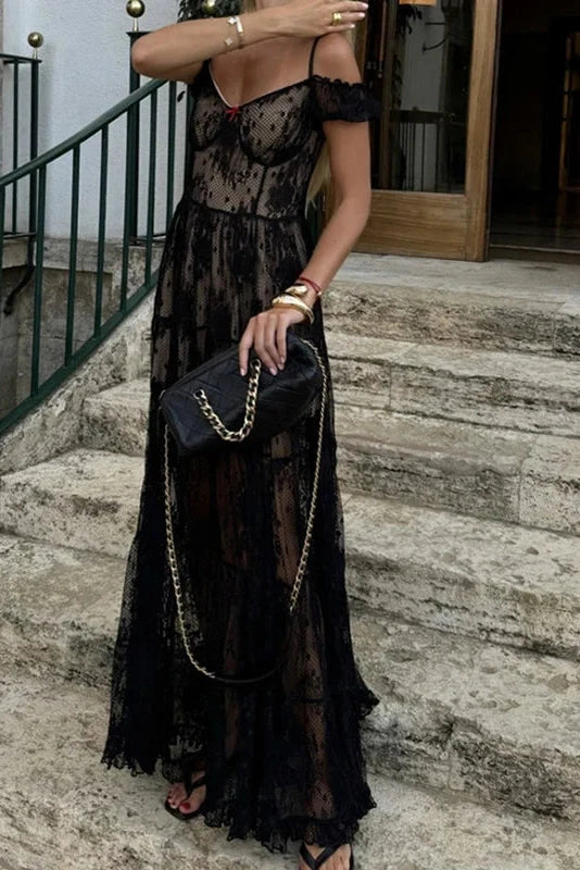 Slash Collar High Waist Pleated Lace Maxi Dress
