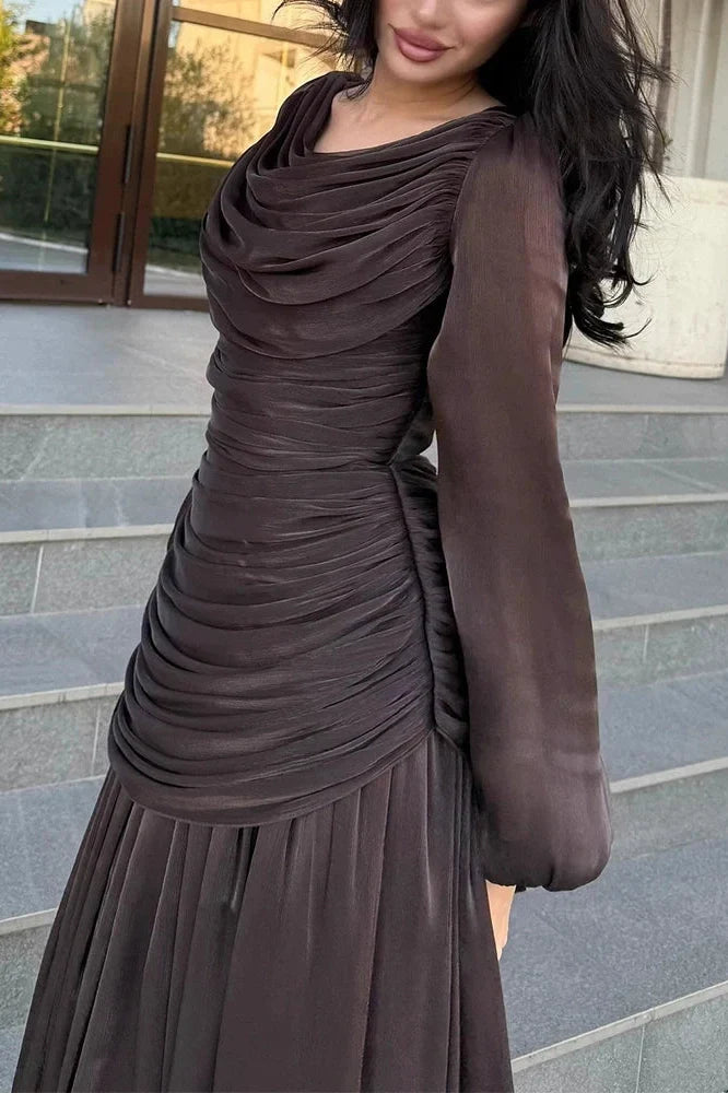 Long Sleeve O-Neck High Waist Pleated Maxi Dress
