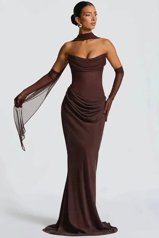 Off-Shoulder Scarf Collar Strapless Sleeveless Bodycon Maxi Dress
