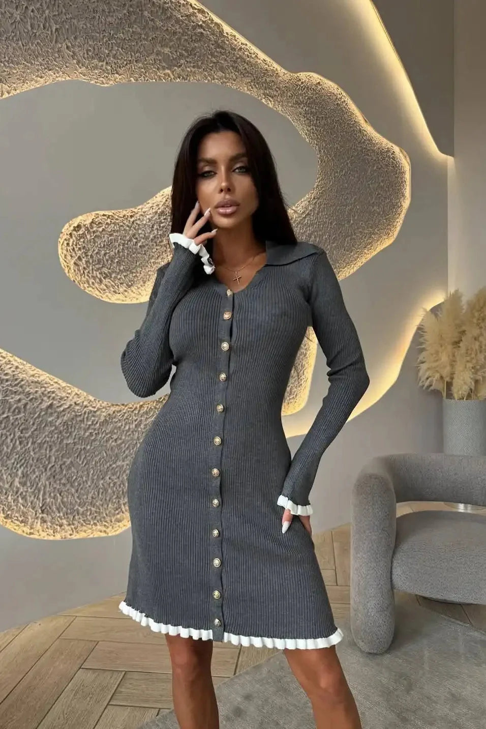 Elegant Knitted Long Sleeve Single-Breasted Bodycon Mini Dress