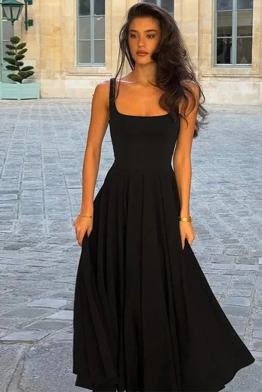 Elegant Square Collar Sleeveless High Waist Pleated Maxi Dress