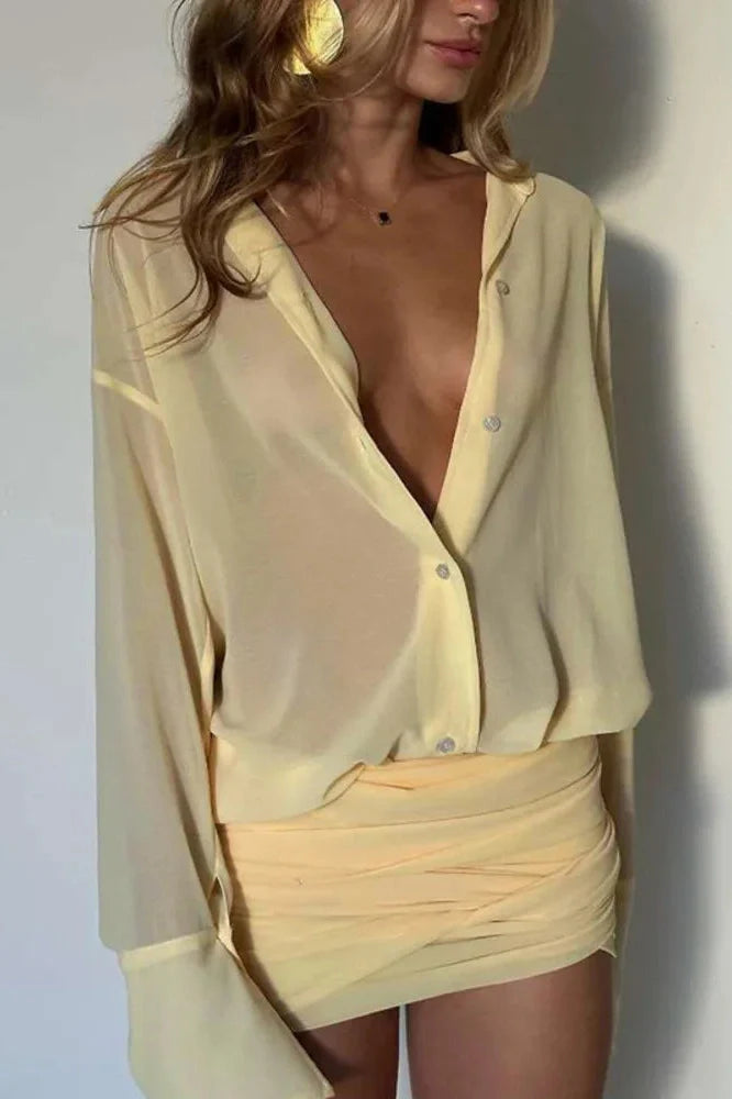 Long Sleeve Hip Strap See Through Patchwork Mini Dress