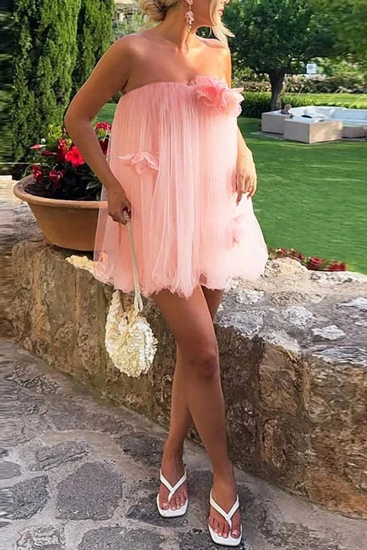 Off-Shoulder Strapless High Waist Pleated Mini Dress