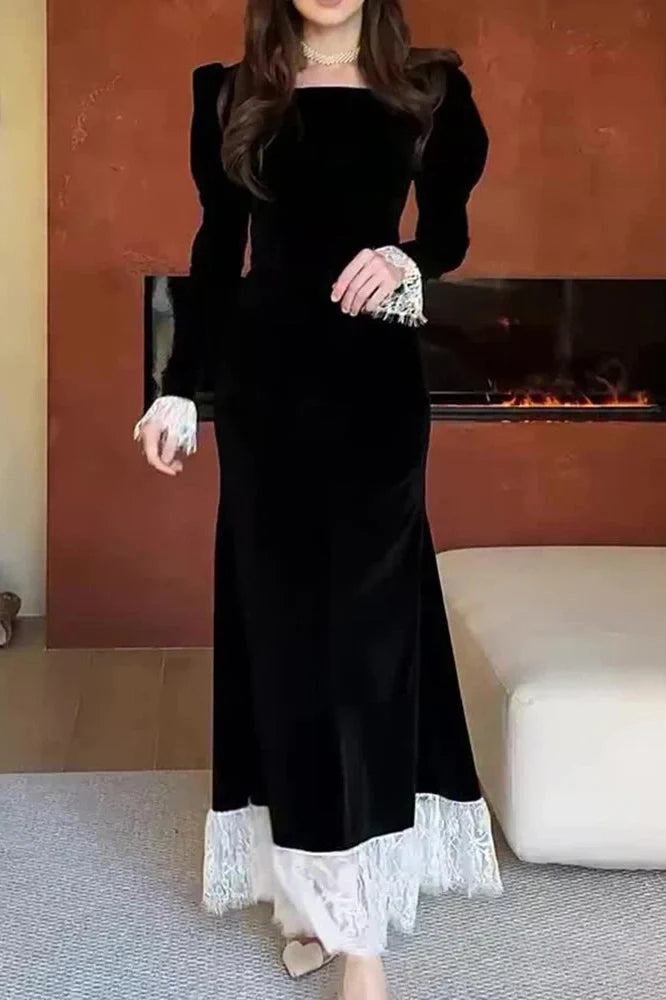Elegant Long Sleeve High Waist Lace Maxi Dress