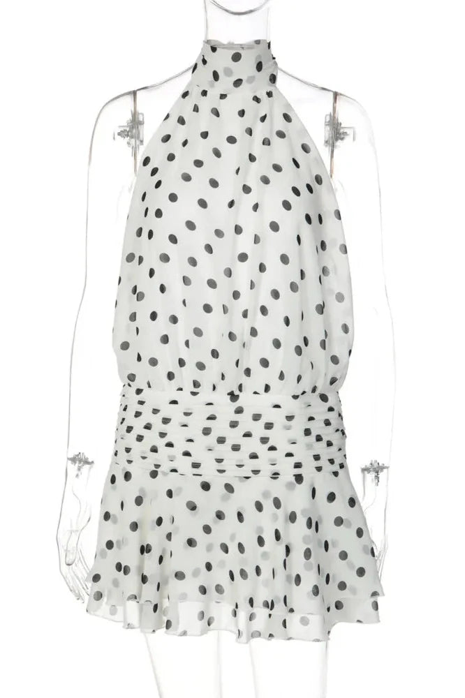 Polka Dot Backless Turtleneck Off-Shoulder Sleeveless Mini Dress
