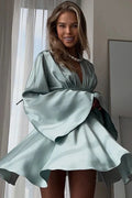 Elegant Long Sleeve Deep V Neck High Waist Mini Dress