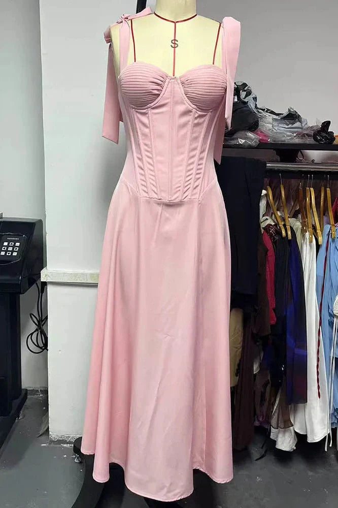 Spaghetti Strap Sleeveless Backless Lace-Up A-Line Midi Dress