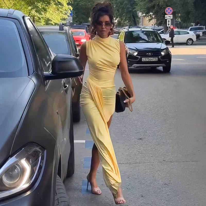 Pleated Sleeveless High Slit Maxi Dress