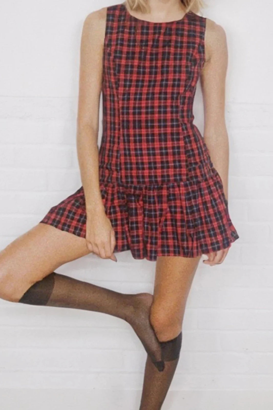 Plaid Printed Round Neck Sleeveless Mini Dress