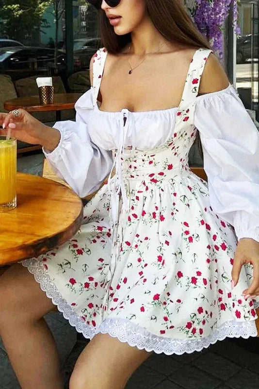 Puff Sleeve Two Piece Strapless Lace Up Mini Dress