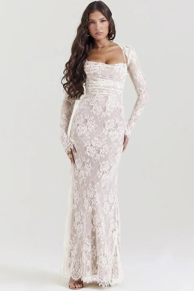 Elegant Lace Print Spaghetti Strap Long Sleeve Maxi Dress