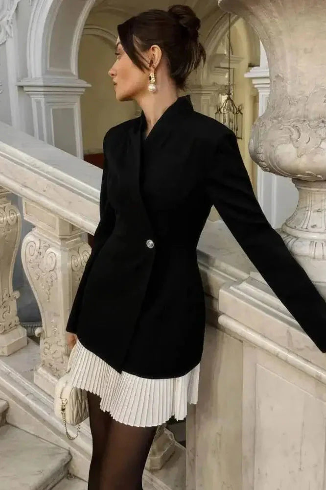 Patchwork Long Sleeve V Neck High Waist Slim Mini Dress