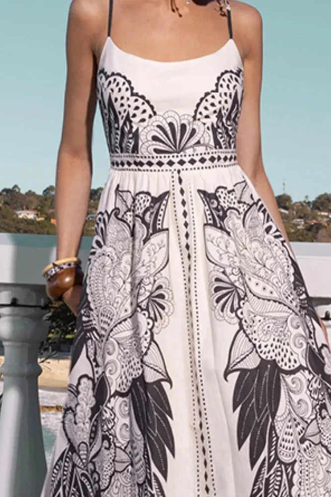 Elegant Hollow Out Sleeveless High Waist U-Collar Printed Maxi Dress