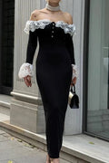 Elegant Off-Shoulder High Waist Long Sleeve Lace Maxi Dress
