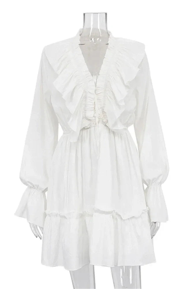 V-Neck Patchwork Long Sleeve High Waist Lace-Up Mini Dress