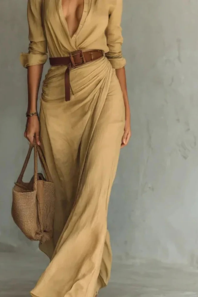 Elegant Long Sleeve High Waist Single Breasted Maxi Dress