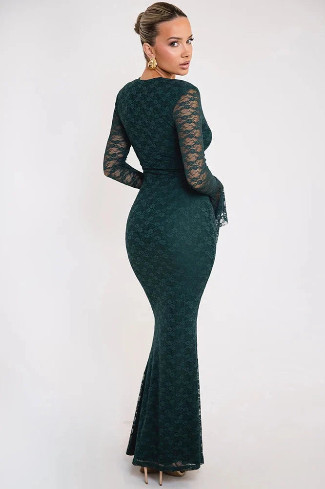 Elegant Lace Long Sleeve Deep V Neck Maxi Dress