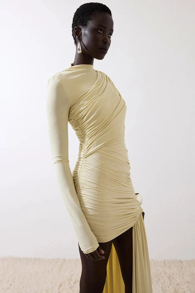 Elegant Turtleneck Long Sleeve High Waist Pleated Irregular Mini Dress
