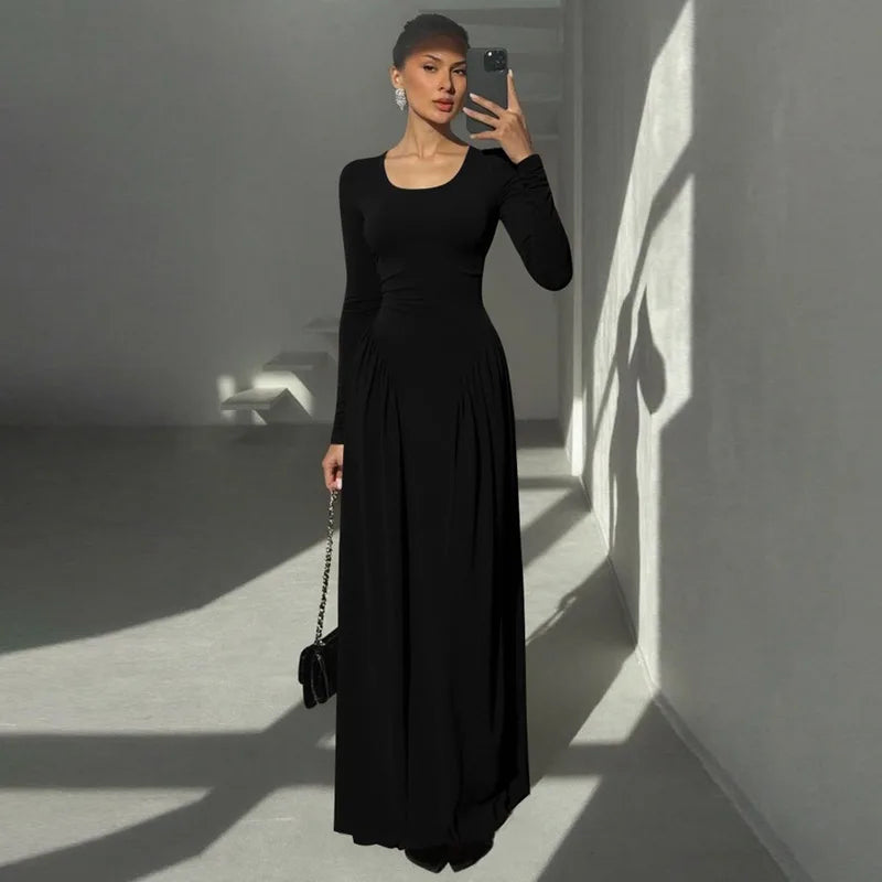 Elegant Square Neck Patchwork Long Sleeve Maxi Dress