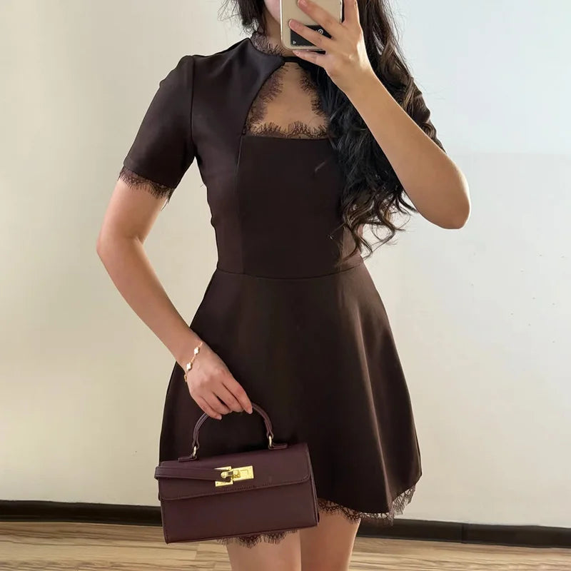 Elegant Hollow Out Patchwork High Waist Mini Dress