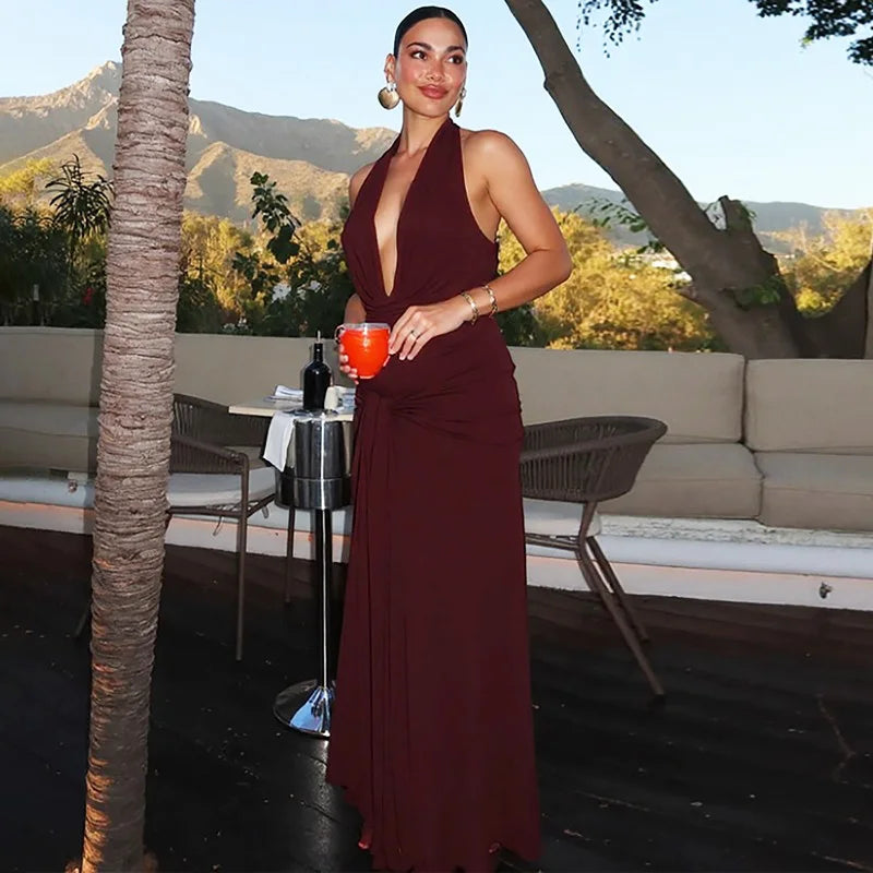 Halter Neck V-Neck Backless Sleeveless Maxi Dress