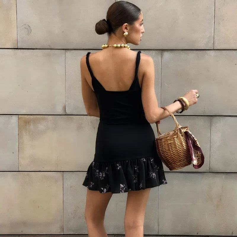 Elegant Print Patchwork Backless Mini Dress