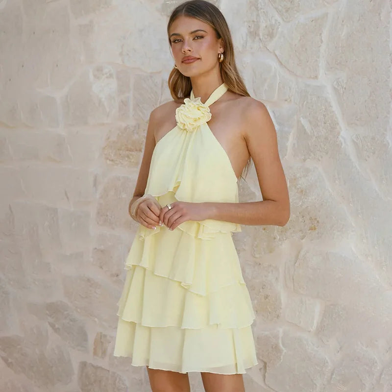 Elegant Flower Lace-Up Patchwork Mini Dress