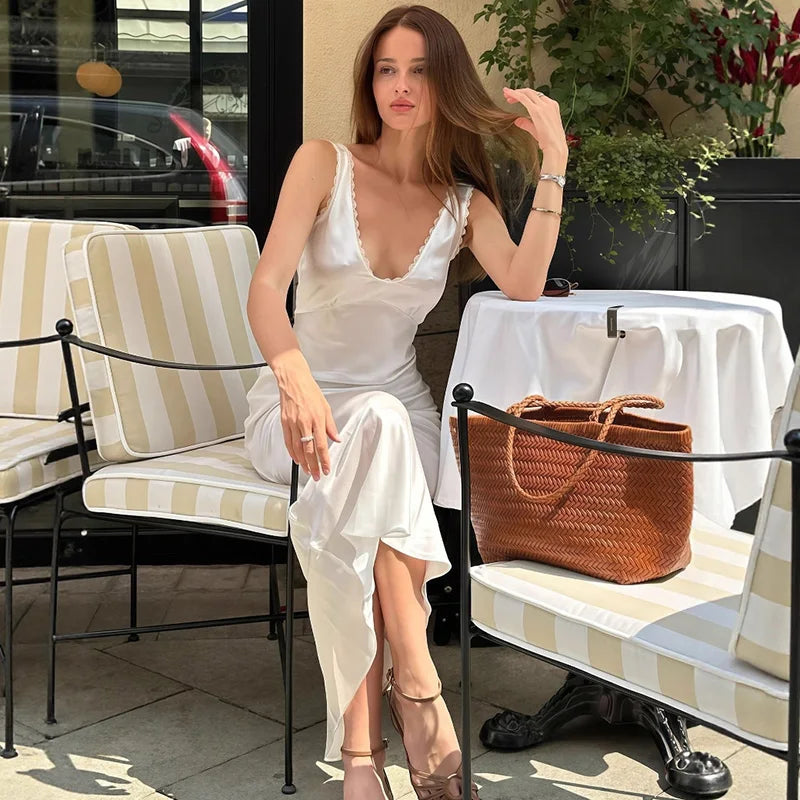 Sleeveless Slim Lace V Neck Maxi Dress