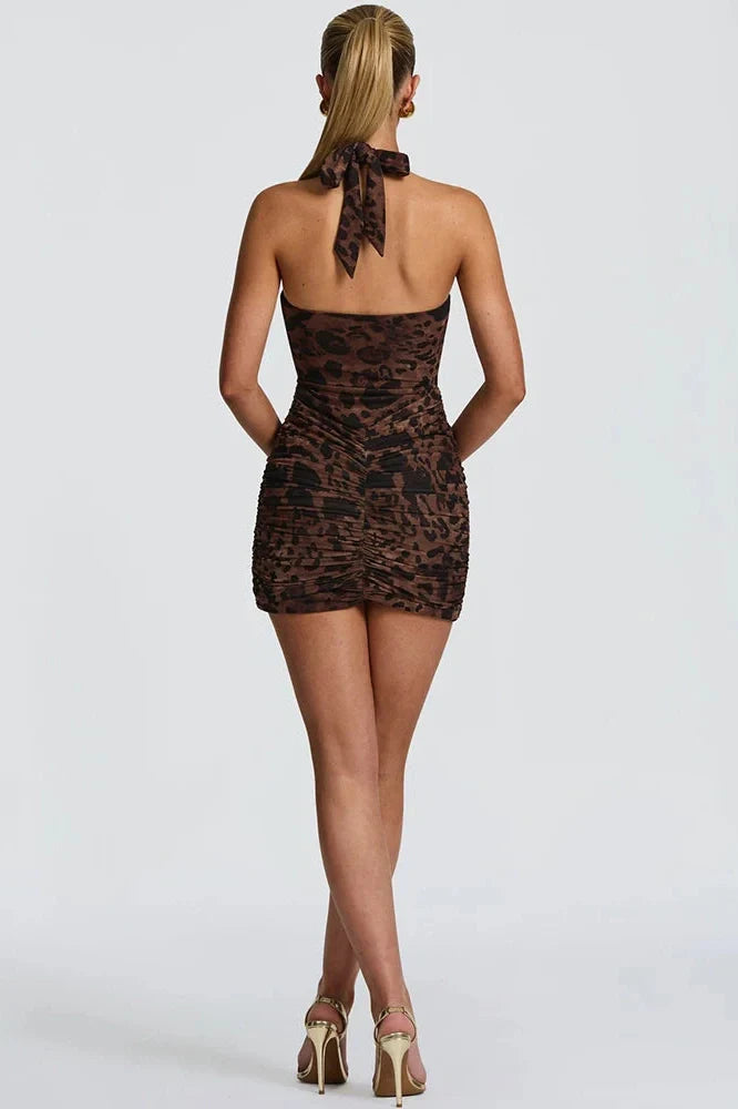 Printed Deep V Neck Sleeveless Backless Mini Dress