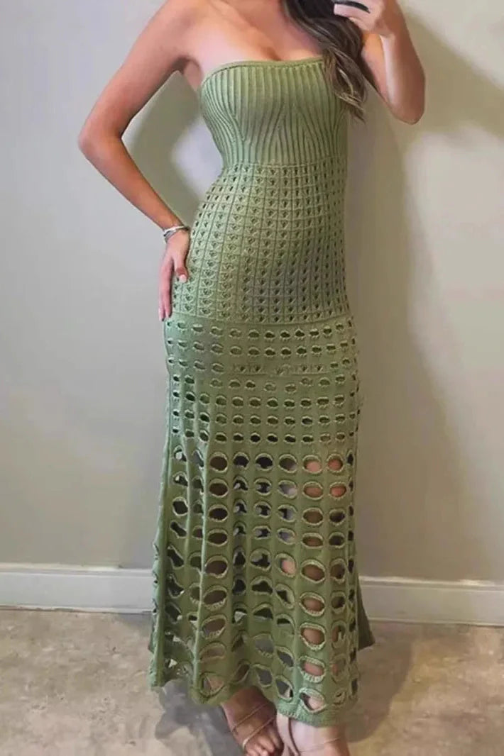 Hollow Out Strapless Knitted Slim Sleeveless Maxi Dress