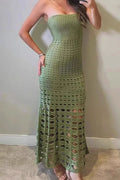 Hollow Out Strapless Knitted Slim Sleeveless Maxi Dress