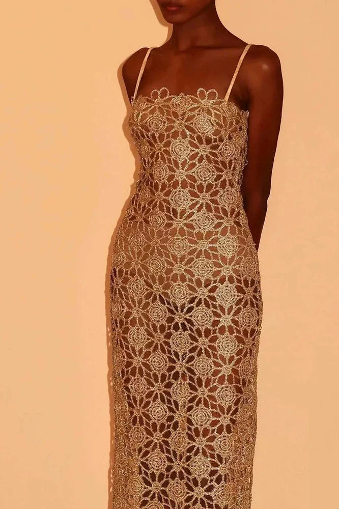 Elegant Lace Hollow Out Sleeveless Maxi Dress