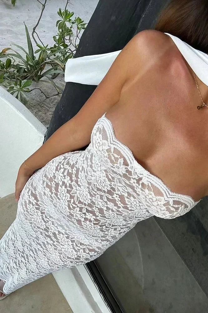 Lace Strapless See Through Slim Sleeveless Maxi Dress