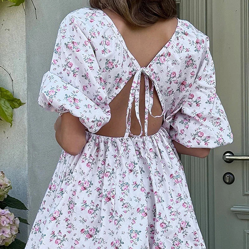 Printed Deep V-Neck Puff Sleeve Lace-Up Mini Dress