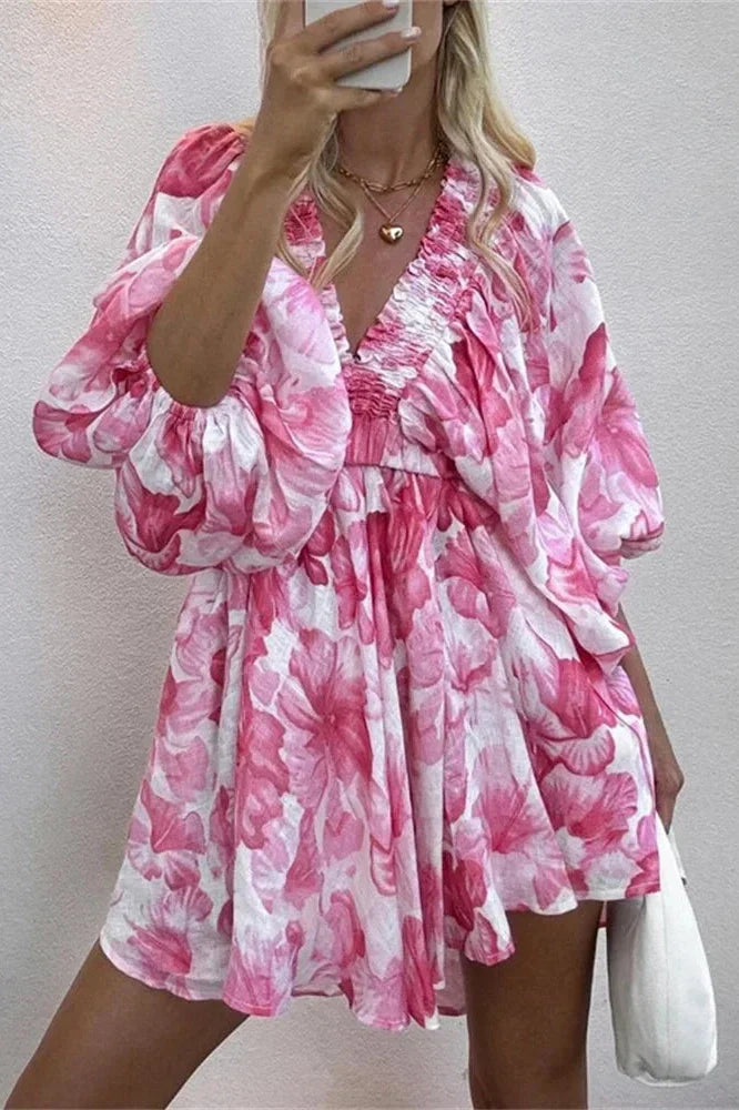 V-Neck Printed Short Sleeve Slim Lace-Up Mini Dress
