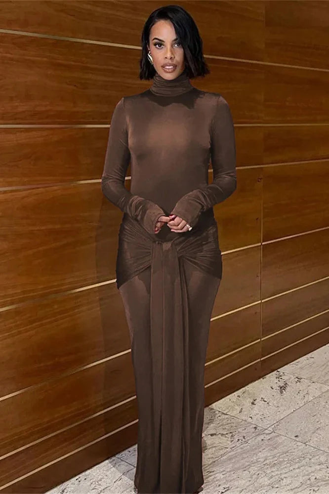 Slim Pleated Long Sleeve Lace-Up Maxi Dress