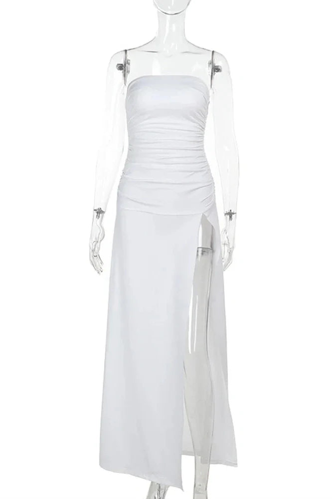 Elegant Pleated Strapless Slit Maxi Dress