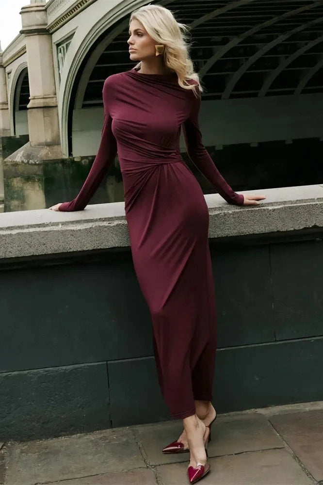 Pleated High Waist Slim Maxi Dress