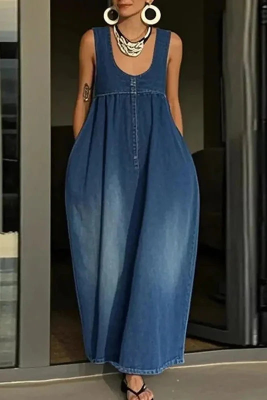 Backless U-Collar Sleeveless Loose Maxi Dress