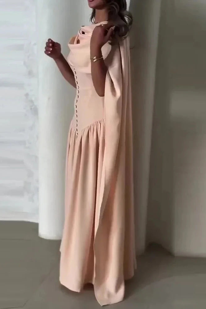 Elegant Sleeveless Shawl Collar Pleat Maxi Dress