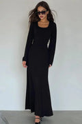 Lace-Up Long Sleeve Slim Loose Maxi Dress